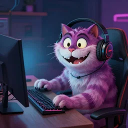 digital painting, surprised happy gamer cheshire cat playing computer games, headphones