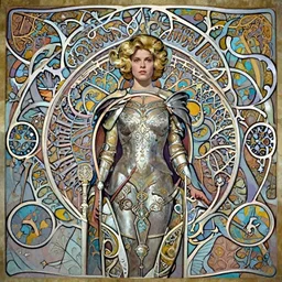front facing symmetrical centered portrait, Imogen Poots as a Paladin, blonde hair, Art Nouveau, beautiful retro Fantasy heroine 1985, movie poster, intricate, elegant, highly detailed, centered, digital painting, trending on artstation, concept art, smooth, sharp focus, illustration, art by raphael lacoste, eddie mendoza, alex ross, WLOP