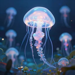 garden of ice jellyfish. award - winning 3 d anime by an indie studio, heavily stylized, rimlighting, depth of field, limited but vibrant palette, impressionism, chiaroscuro, bokeh.