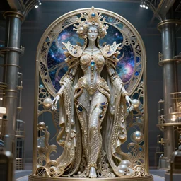 a incredible elegant hollow bionic art nouveau alien galaxy japanese pearl queen superheroes, mithras, with ornate jewelled, sci - fi, high - tech, the met museum, streamlined, futuristic, spot lighting, led, photorealistic, high detailed, concept art, exquisite aristocratic, industrial factory by leonardo da vinci rendered in octane 8 k