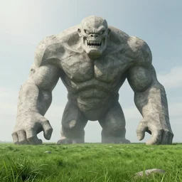 menacing colossal goliath concrete monster towering over a verdant grassy plains, incredible matte painting