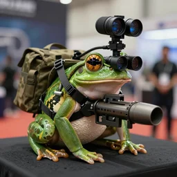a rare military frog equipped with rocket launcher and night vision target acquisition system, photo from adversary biotech expo