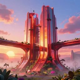 highly detailed futuristic architecture by Frank Lloyd Wright, reflective lighting, stylized vegetation, sky bridges, ground-level view, foggy atmosphere, stunning sunny lighting, sunrise, vivid colors, in the style of pixar animation, trending on Artstation, 8k, matte painting, ray tracing, hyper detailed, unreal engine 5, cinematic, epic lighting, cryengine, octane render, cyberpunk, red and orange glow, vibrant