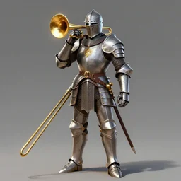 Knight with a Trombone inspired armor, extremely detailed, complete body!, by gary gygax, Rossdraws, genzoman and Frank franzzeta, trending on artstation, artstationHQ, artstationHD, cgsociety, 16K, HD