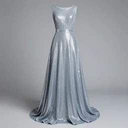 a long, silvery - blue dress stretching down all the way to the floor. the bodice is tight, with the waist accentuated, while the skirt is loose and flowing. the dress is made of a large amount of silvery sequins that give it its colour as well as a sparkly, shiny effect. these sequins appear to be woven into a sheer fabric. around the