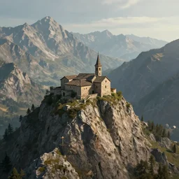 a small medieval old monastery on the top of a rough, steep mountain with great view on other mountains, epic, no trees, no foliage, realistic light, fantasy, digital art