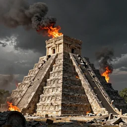 a photorealistic hyperrealistic render of a stone temple at the top of a aztec ziggurath, fire and smoke,, snake shaped clouds above, destroyed, collapsed roof scene by greg rutkowski, wlop, artgerm, dramatic lighting, strong shadows, volumetric, cinematic atmosphere, octane render, artstation, 8 k