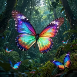 dreamy story of colorful glowing butterfly in the jungle, concept art, cinematic lightening, wide angle shot, in the style of greg rutwoski, very hyper realistic, highly detailed, fantasy art station