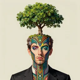 A man with a tree growing out of the top of the head, art deco design, by Mandy Jurgens and Warhol, Ernst Haeckel, James Jean, artstation, concept art