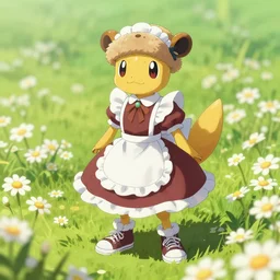 female anthropomorphic butterfree pokemon like a mantis in a floe - style maid dress standing in a field of daisies wearing converse shoes and a beaverskin hat, digital illustration by ruan jia on artstation