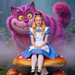 annie leibovitz photoshoot of young dakota fanning as alice from alice in wonderland, sitting on a giant mushroom, while the faint grinning of a giant invisible cheshire cat can be seen behind her, vibrant colors, atmospheric, mist, magical, fantasy, studio lighting, soft focus