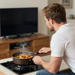 picture of asmongold watching tv while cooking a meal, good lighted photo, sharp details, detailed, hd, hdr