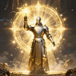 armored priest casting a holy spell, fantastic and magical, powers and incantations, bright yellow and white light, full body cinematic