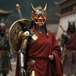 hyper realistic photo of postapocalyptic tibetan monk cyborg girl with indonesian demon mask, sword and shield, full body, cinematic, artstation, cgsociety, greg rutkowski, james gurney, mignola, craig mullins, brom