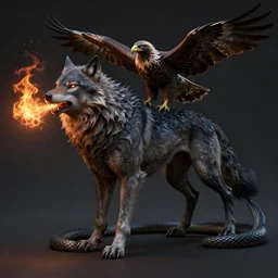 Aamon, demonology, likeness of a wolf, serpents tail, breathing fire, head of a hawk, octane render, fantasy