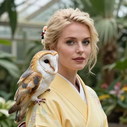head to shoulder portrait photograph of an elegant blond woman wearing a yellow kimono with a very detailed barn owl on her shoulder!!! in a tropical greenhouse. looking at the camera!!. super resolution. 85 mm f1.8 lens.bokeh. graflex. by Alessio albi !