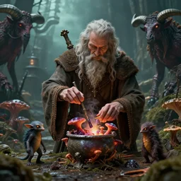 by artgerm and agostino arrivabene, visually stunning, cinematic, ultra realistic, hyper realism, epic, octane render, unreal engine, vfx, a old druid preparing potion, fungal enchanter, murloc tinyfin, dread infernal, wee whelp, battle ram