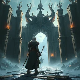 the brave hero viking stands triumphantly as he enters the majestic gates of valhalla, highly detailed, digital painting, trending on artstation, smooth, sharp focus, bright, masterpiece, stunning concept art by ruan jia, jakub rebelka, greg rutkowski, ayami kojima