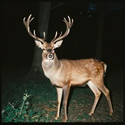 camera footage of a monster deer in forest, old photo, night n - 9