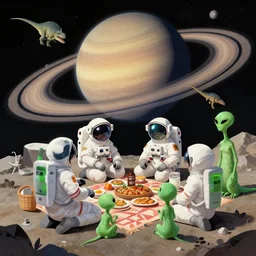 Astronauts are having a picnic with green aliens and some dinosaurs on saturn's ring and saturn is as background, by Jordan Grimmer digital art, trending on Artstation,
