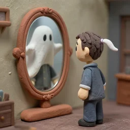 a clay stop motion of a person which is looking in the mirror is haunted by a friendly ghost, clay stop motion art.