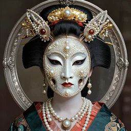 hyperrealism, detailed textures, award winning autochrome african colonial 1 9 0 5 photo, symetrical japanese geisha, autochrome pearl portrait, pearl silverplate, intricate, detailed facial pearl scary animal mask, pearl, golden jewelery, silverplate, ultra realistic, cinematic, intricate, cinematic light by steve mccurry, unreal engine 8 k
