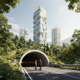 ralph mcquarrie and denis villeneuve establishing shot of modern bjarke ingels condo building and gotthard tunnel entrance combined, roads tunnel under bjarke ingels condo building, lush nature environment, scifi artstation digital concept art, unreal engine, hyper realism, realistic shading, cinematic composition, blender render, octane render, wide shot