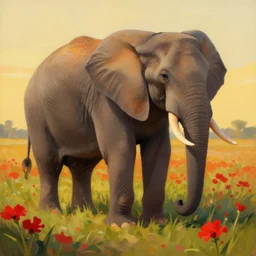 a painting of an elephant standing in a field of red flowers by craig mullins, golden hour, trending on artstation, color field, concept art, artstation hd, matte drawing
