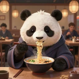 a portrait an anthropomorphic panda mage eating ramen, wearing mage robes, restaurant in background, cute and adorable, dnd character art portrait, well rendered matte fantasy painting, deviantart artstation, by jason felix by steve argyle by tyler jacobson by peter mohrbacher, cinematic lighting