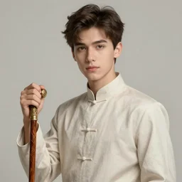 a handsome young man holding a wood adorned cane. intricate, elegant, highly detailed, digital painting, artstation, concept art, sharp focus, illustration, by justin gerard and artgerm, 8 k