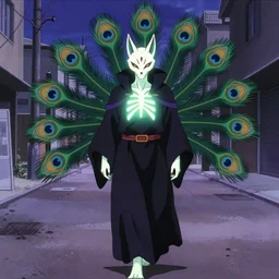 screenshot from an anime about a glowing humanoid demon skull fox with 9 peacock tails wearing wizard robes and wandering an empty street alone, anime, 8 0 s, vhs, vhs effects, art by yuji ikehata