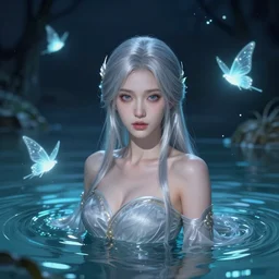 pretty portrait of a fantasy silver haired lady in a magical lake, half submerged in water, highly detailed, digital painting, artstation, night scene with glowing sprites, wlop concept art, smooth, sharp focus, illustration, art by artgerm and greg rutkowski, 8 k