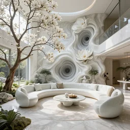 highly detailed villa garden natural beautiful light interior soft cinematic composition of a smooth ceramic porcelain biophilic magnolia stone nebula fluid white flowers surreal architecture cyberscape landscape, furniture, granite, trees, marble, vincent callebaut composition, 8 k, unreal engine, hdr