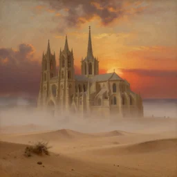Landscape painting of a cathedral made of sand in a foggy desert. Gothic architecture. The sun sets behind the clouds. Warm colors. Dark bright effect. An oil painting by Jean-Auguste-Dominique Ingres. The style of the painting is very detailed, delicate and slightly drawn, , with a deep sense of composition.