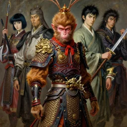 portrait full body monkey king wukong medieval chines armor by gaston bussiere, greg rutkowski, yoji shinkawa, yoshitaka amano, moebius, tsutomu nihei, donato giancola, tim hildebrandt, oil on canvas, trending onartstation, featured on pixiv, cinematic composition, extreme detail