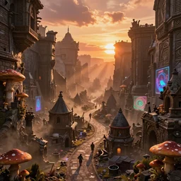 a dungeon ruin covered in mushrooms with buildings of a sprawling ancient dwarven city street inside the intricate walls, ilm, beeple, elysium, iron smelting pits, iridescent glowing holograms, warm saturated colours, atmospheric perspective, dramatic sunset, volumetric light scattering, dustlight, god rays, dust