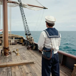 A Sailor on the ship's deck looking out to the sea, Industrial Revolution, highly detailed, realistic, 4k , HDR
