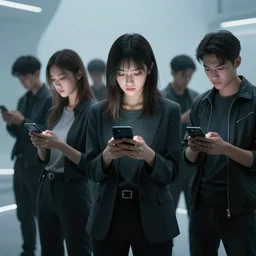 futuristic dystopian group of people starring into their phone