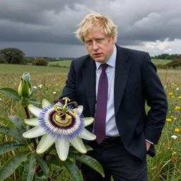 Boris Johnson in a meadow painting a passion flower