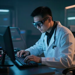 cyberpunk inspired tech doctor hacking, 4 k, stunning, shifted angle