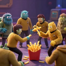 Monsters made of French Fries fighting Star Fleet Officers in the mess, film still from the movie directed by Denis Villeneuve with art direction by Salvador Dalí,