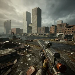 rotterdam harbor in ruins post - nuclear war in fallout 4, in game screenshot
