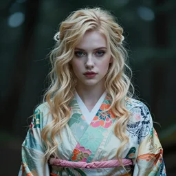 stunning, breathtaking, awe - inspiring award - winning portrait of an attractive white faerie with wavy blonde hair, wearing a colorful yukata, extremely moody lighting, intricate, soft focus, 8 k