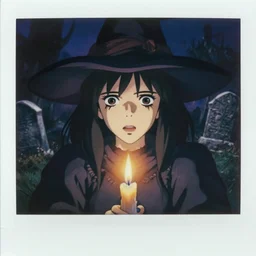 extreme closeup ( polaroid ) film still of a 1 9 5 0's witch in a cemitery, closeup at the faces, finely detailed features, perfect art, candle, terror, gapmoe yandere grimdark, trending on pixiv fanbox, painted by greg rutkowski makoto shinkai takashi takeuchi studio ghibli, akihiko yoshida, render man