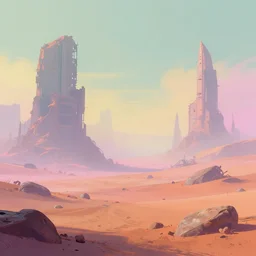 an apocalyptic ruins in mars, pastel, colorful, foggy, digital art