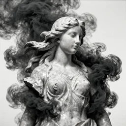 analog photograph portrait of a marble statue of a young woman, long flowing hair, surrounded by heavy black smoke, detailed clouds, film grain, 8k, sheen, gloss, greyscale, white background, high contrast