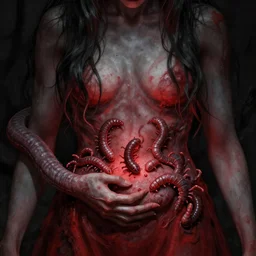 worms crawling out of a girl's stomach, lovecraftian horror, red and black color palette