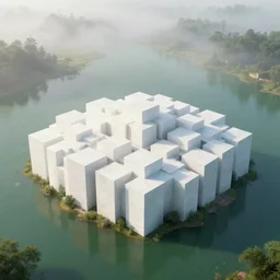 an island made of giant white cubes with, concept art, trending on artstation, by greg rutkowski, cinematic, morning fog, surrounded by a green lake, ray tracing, unreal engine