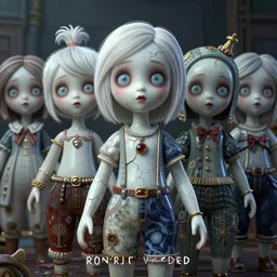 a 3d rendered animated movie poster about eerily beautiful old cracked porcelain fashion dolls with white hair and light blue eyes, rendered in renderman, dramatic lighting, fine details, horror, by pixar