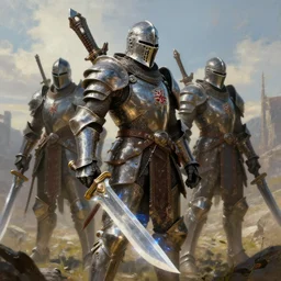 ancient slavic knights wearing high - tech sci - fi armour!!! with plasma blades!!!, slavic!!!, sci - fi!!!, hyperrealistic, highly detailed, cinematic, volumetric sunlight, beautiful, cgssociety, artstation, 8 k, oil painting by greg rutkowski, by artgerm, by wlop